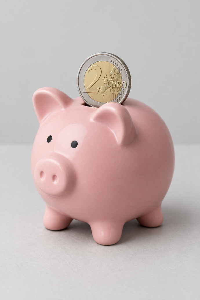 Rosa Sparschwein mit einer 2-Euro-Münze auf dem Rücken
